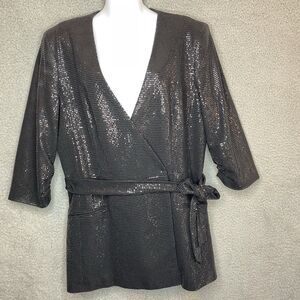 Tahari Black Sequin Womens Double Breasted Jacket Blazer Wedding Party Size XL